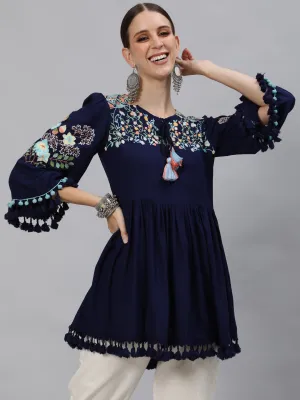 Ishin Women's Rayon Navy Blue Embroidered A-Line Top