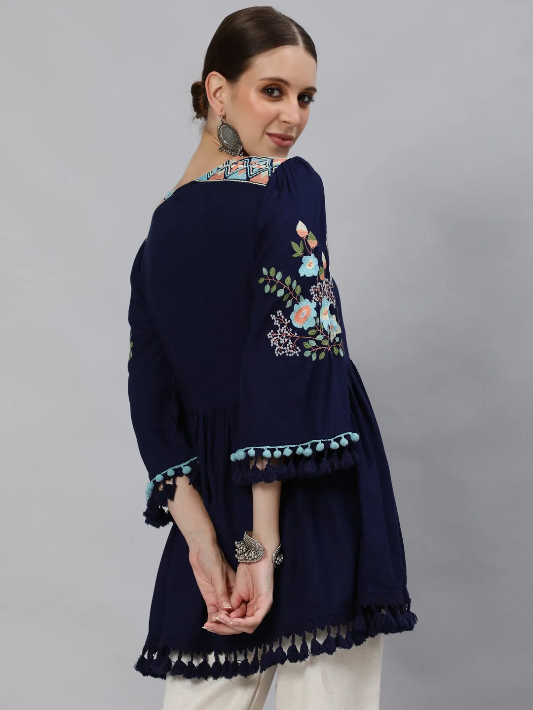 Ishin Women's Rayon Navy Blue Embroidered A-Line Top