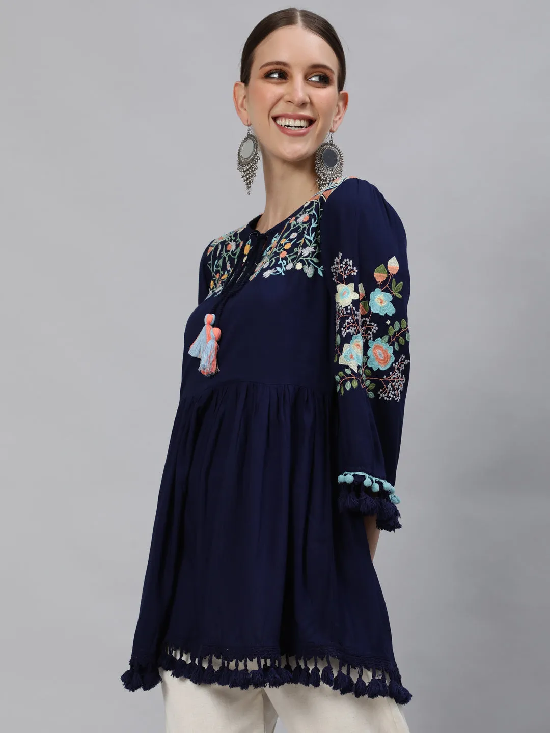 Ishin Women's Rayon Navy Blue Embroidered A-Line Top