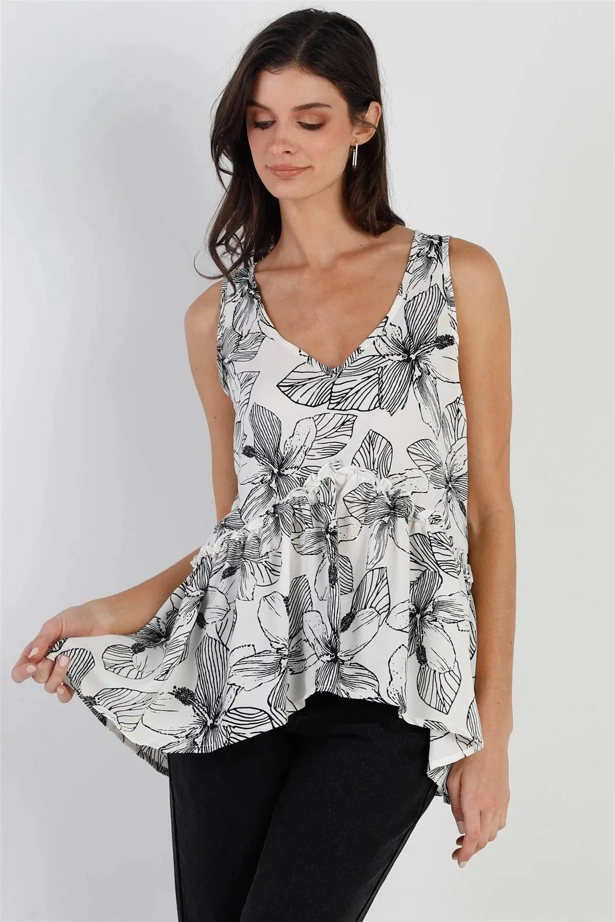 Ivory Black Floral Flare Hem Sleeveless Top /1-2-2