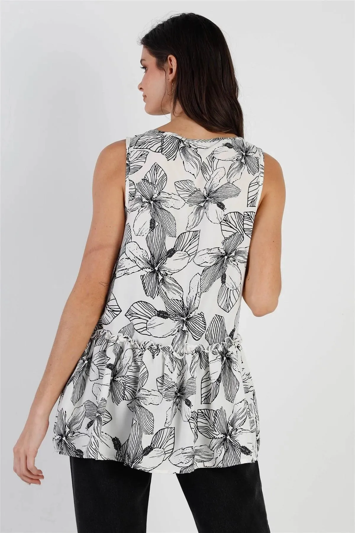 Ivory Black Floral Flare Hem Sleeveless Top /1-2-2