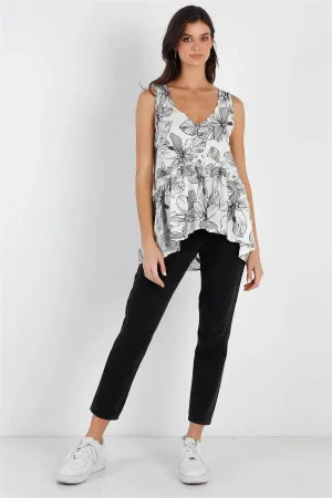 Ivory Black Floral Flare Hem Sleeveless Top /1-2-2