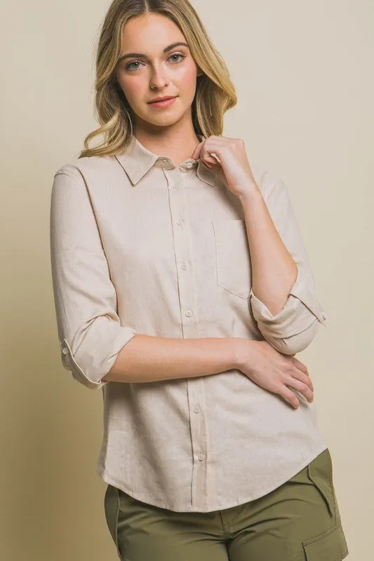 Khaki Linen Button Down Blouse