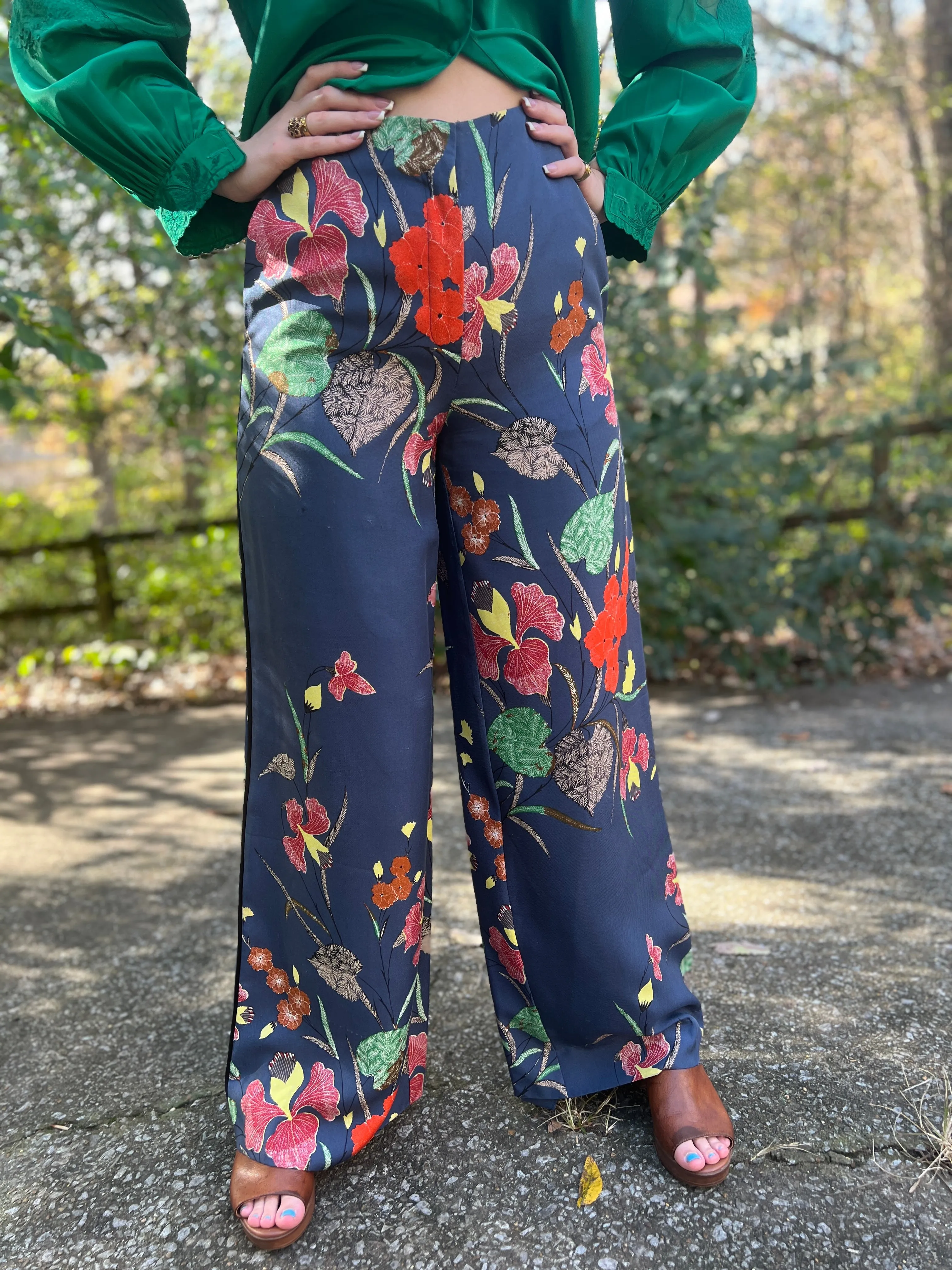 Ladies Vintage Blue Floral Wide Leg Pants