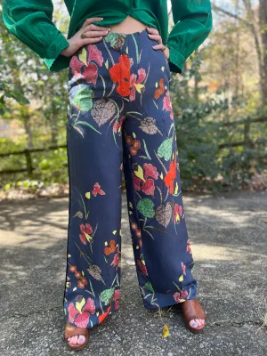 Ladies Vintage Blue Floral Wide Leg Pants