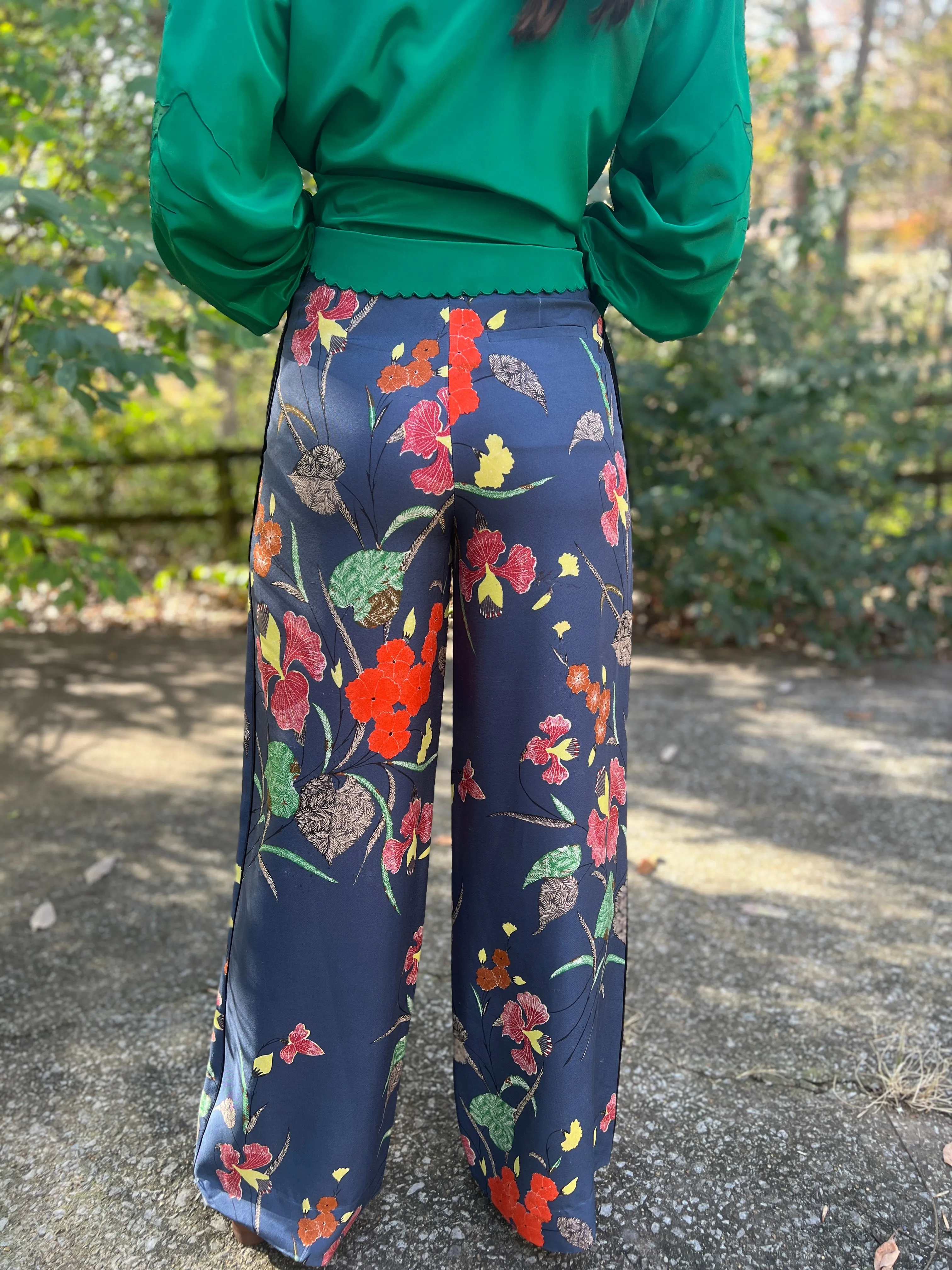 Ladies Vintage Blue Floral Wide Leg Pants