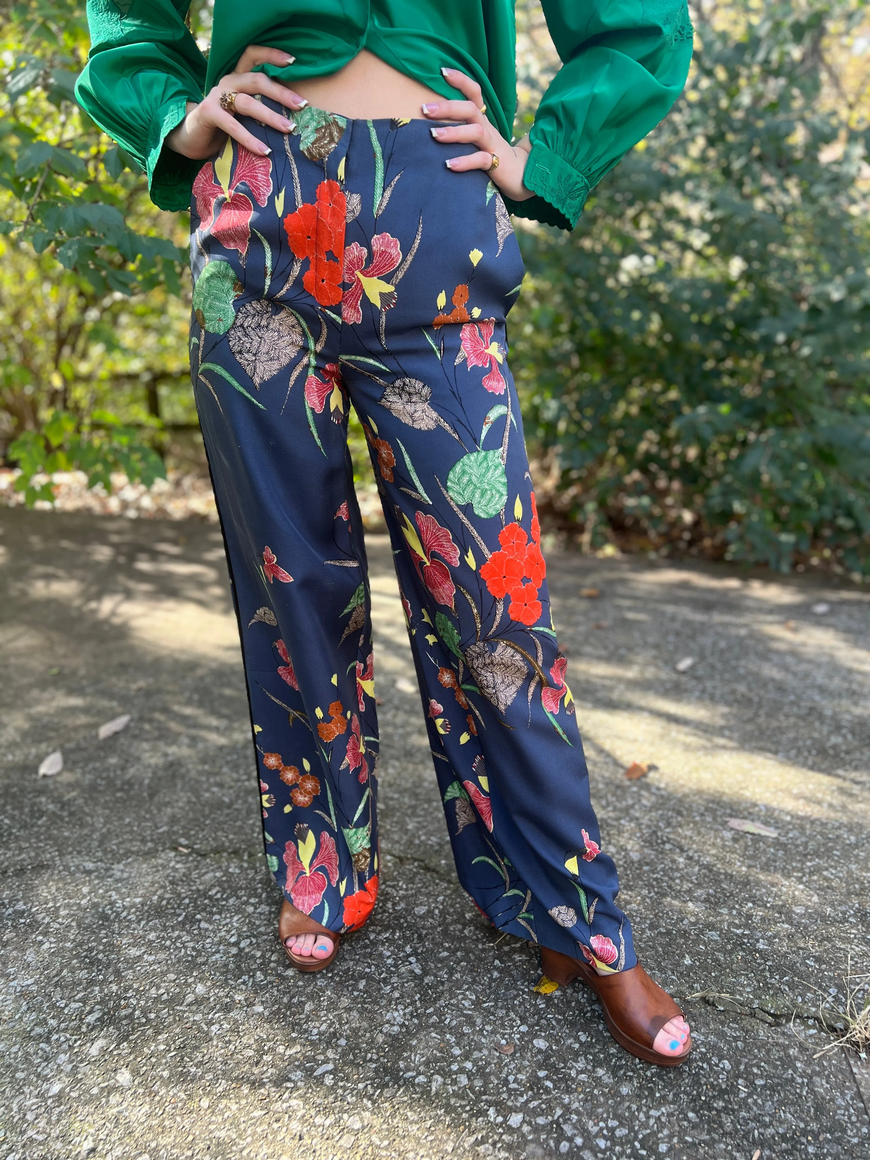 Ladies Vintage Blue Floral Wide Leg Pants