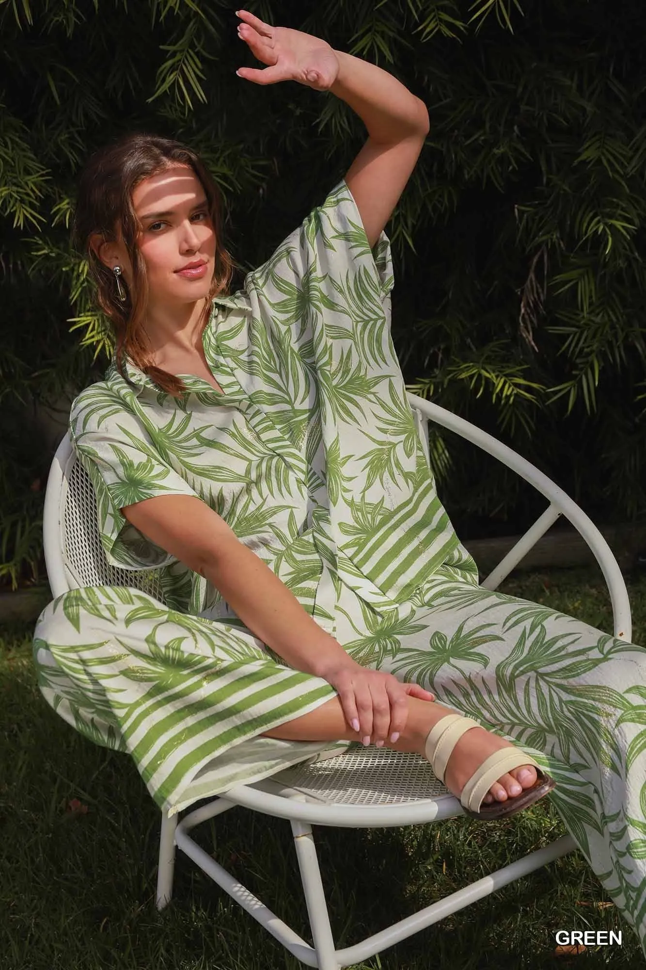 Laurel Green Tropical Button Top