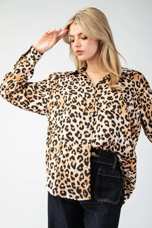 Leopard Printed Button Front Blouse Top
