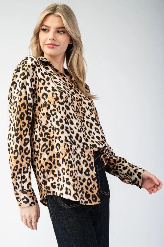 Leopard Printed Button Front Blouse Top