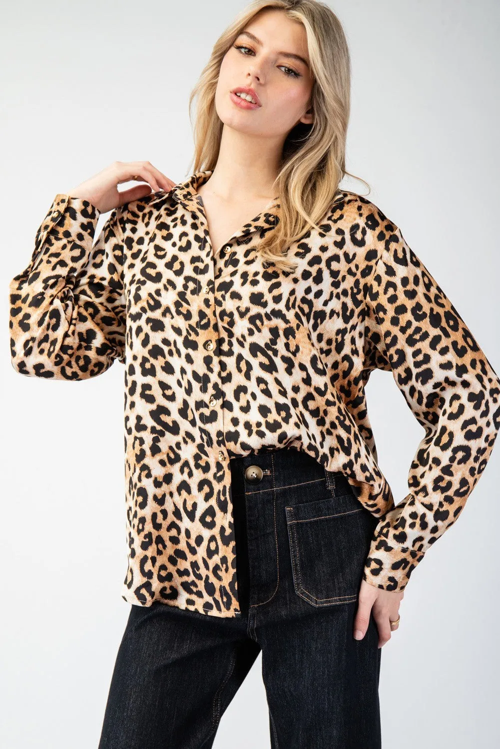 Leopard Printed Button Front Blouse Top