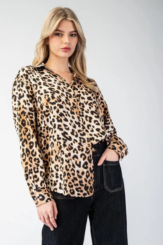 Leopard Printed Button Front Blouse Top