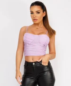 Lilac Mesh Spaghetti Strap Ruched Crop Top