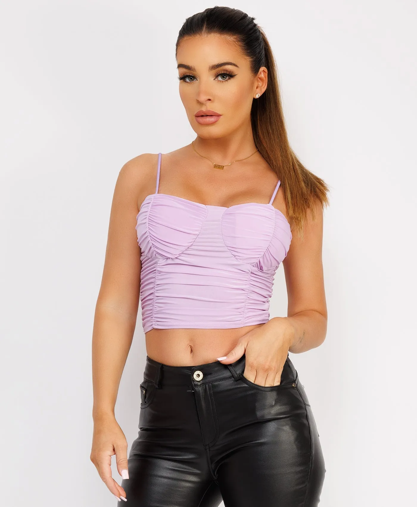 Lilac Mesh Spaghetti Strap Ruched Crop Top