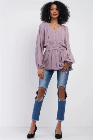 Lilac V-Neck Button Down Long Sleeve Self-Tie Waistline Detail Gathered Frill Trim Detail Top /3-2-1