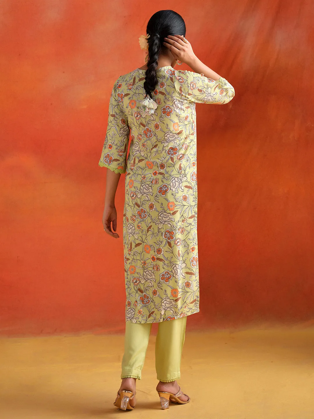 Lime Green Floral Printed Straight Kurta With Pants