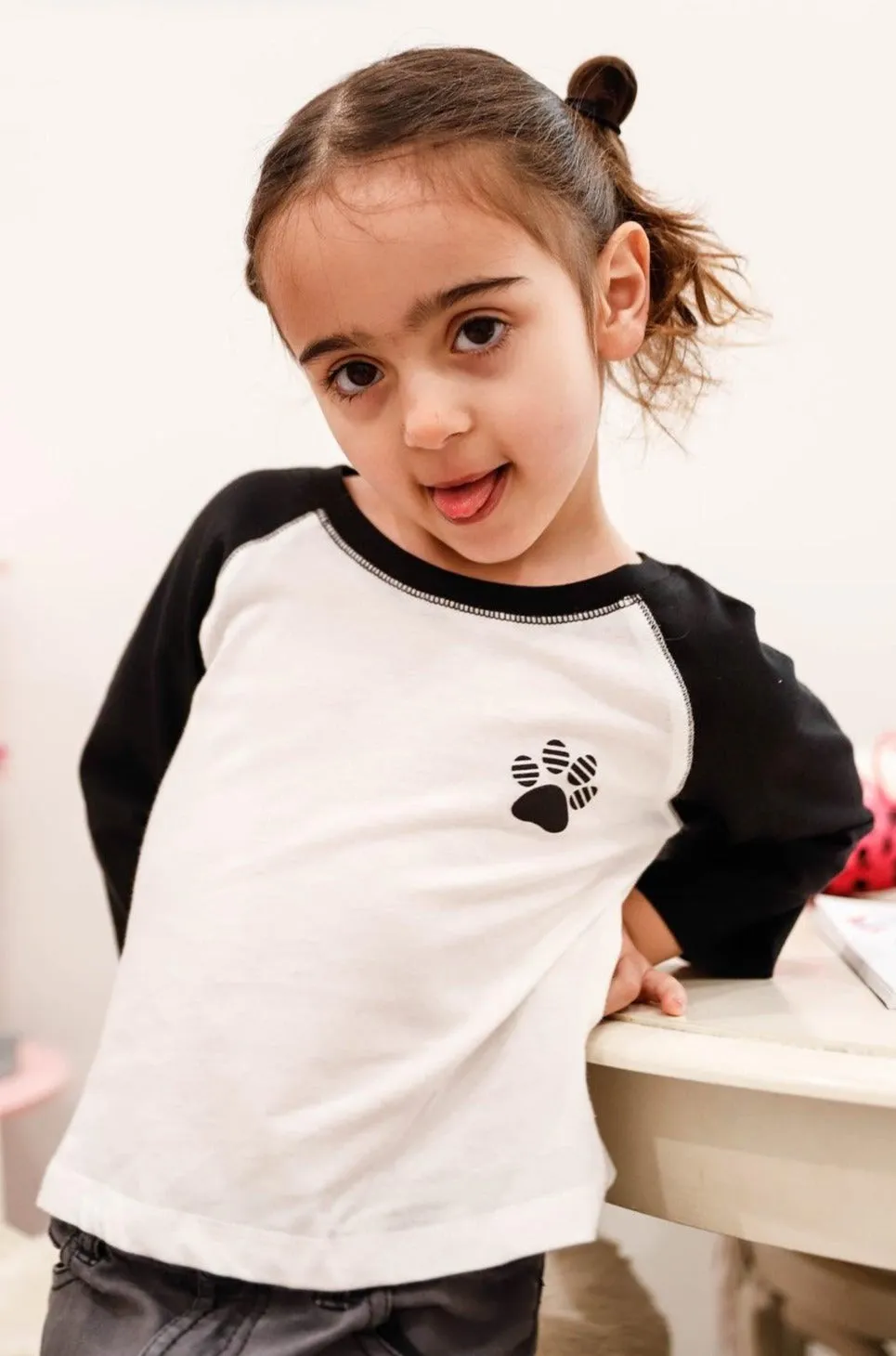 Little Toddler Girls Off-White Cotton "Paw" Contrast Long Sleeve Top