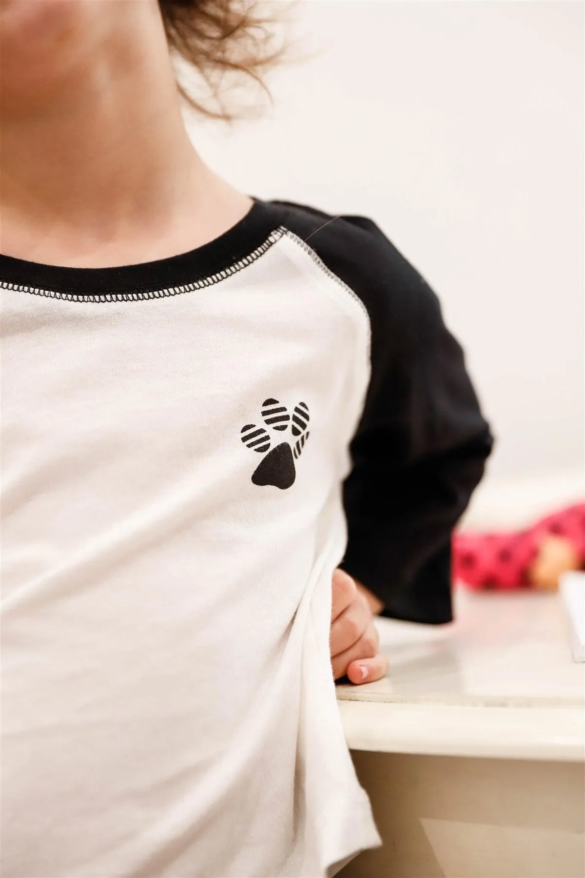 Little Toddler Girls Off-White Cotton "Paw" Contrast Long Sleeve Top