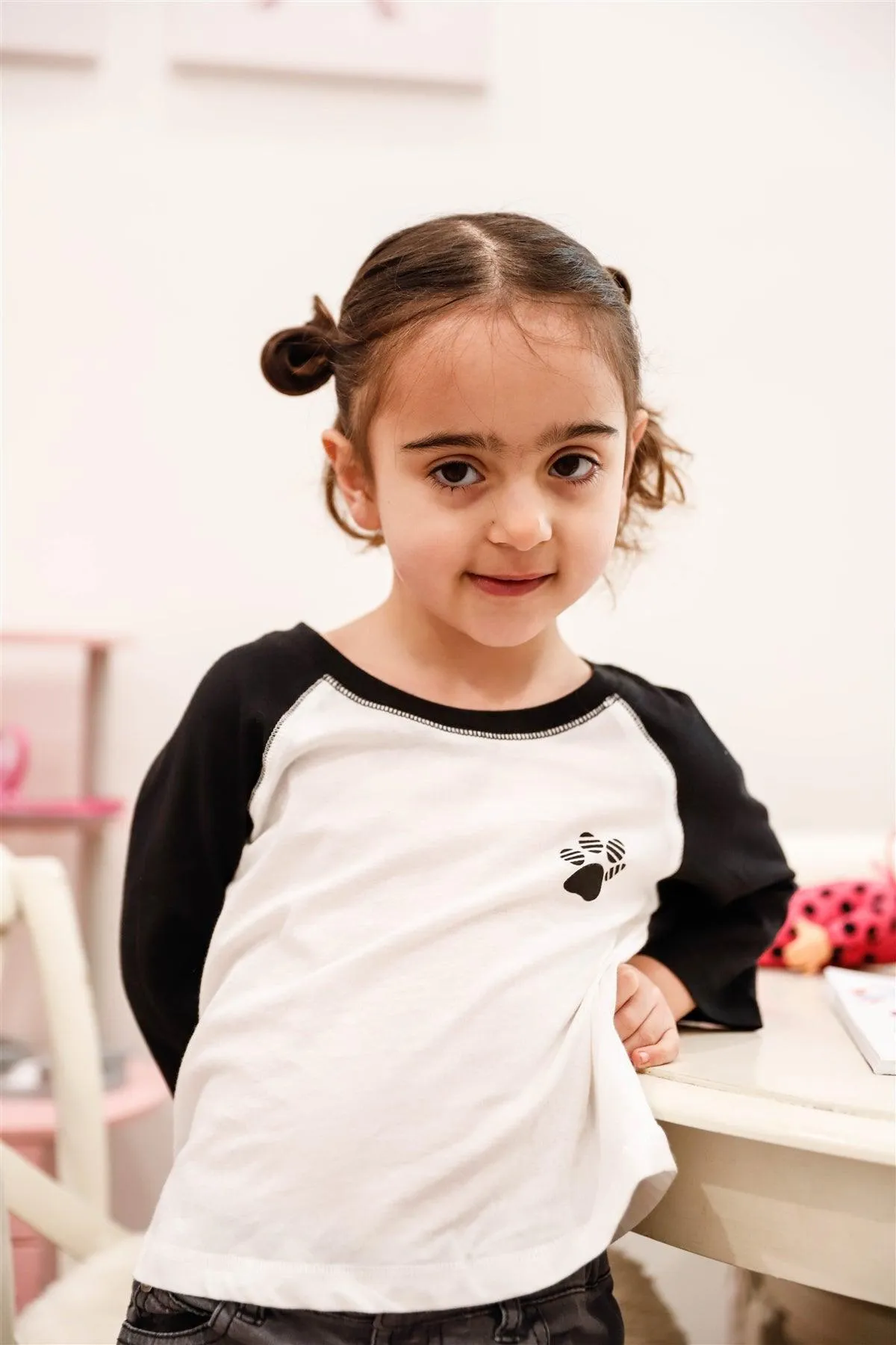 Little Toddler Girls Off-White Cotton "Paw" Contrast Long Sleeve Top