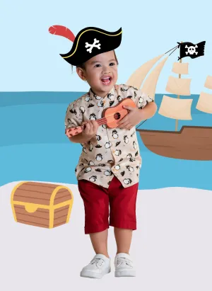 Mandarin Collar Shirt - Pirate Penguin (Beige)