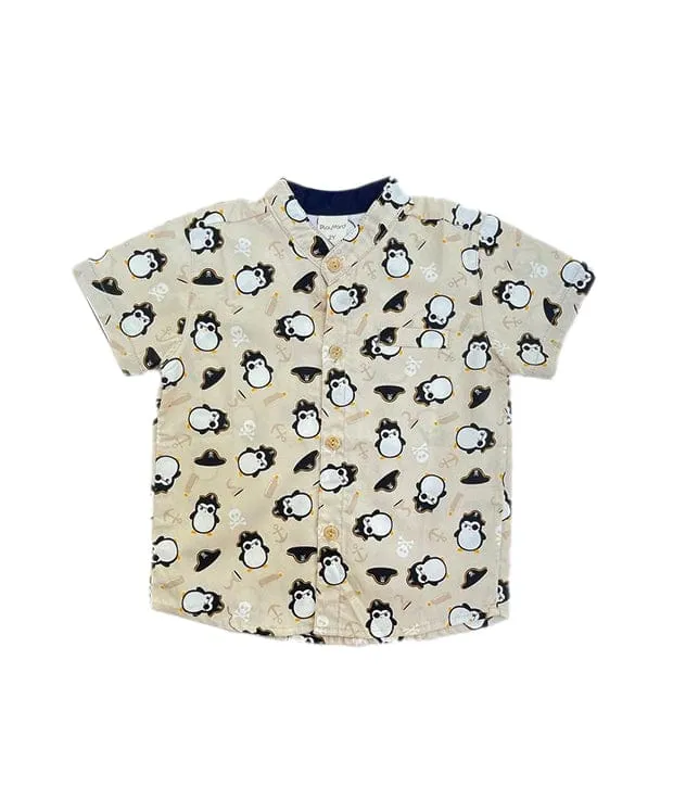 Mandarin Collar Shirt - Pirate Penguin (Beige)