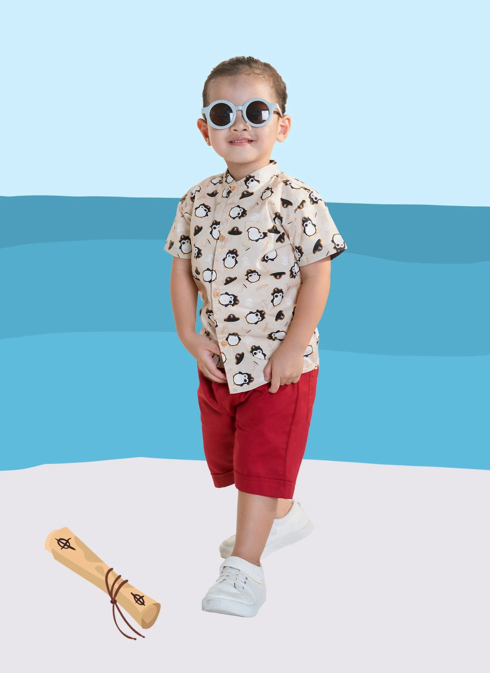 Mandarin Collar Shirt - Pirate Penguin (Beige)