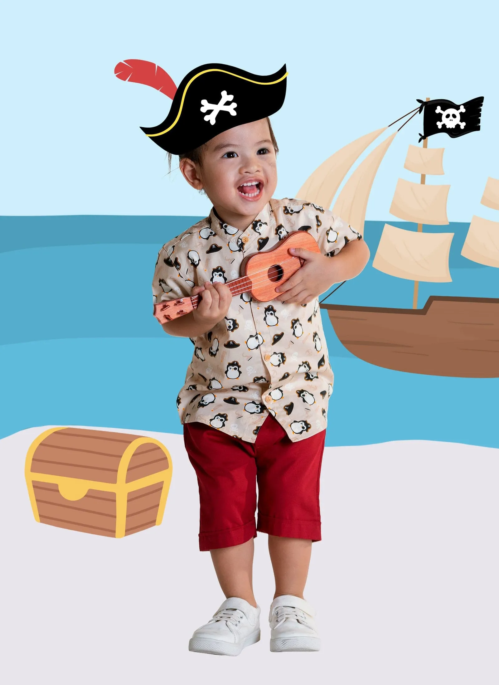 Mandarin Collar Shirt - Pirate Penguin (Beige)