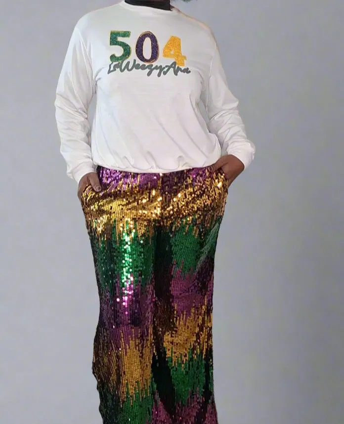 MARDI GRAS Carnival Sparkle Mardi Gras Sequin Wide-Leg Pants