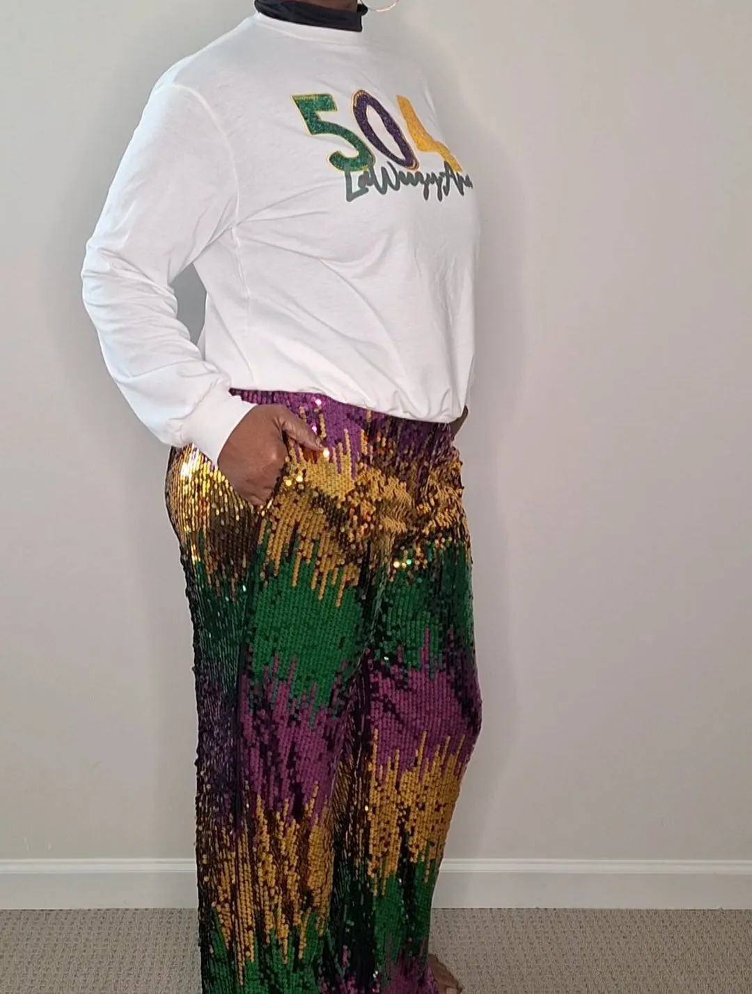 MARDI GRAS Carnival Sparkle Mardi Gras Sequin Wide-Leg Pants
