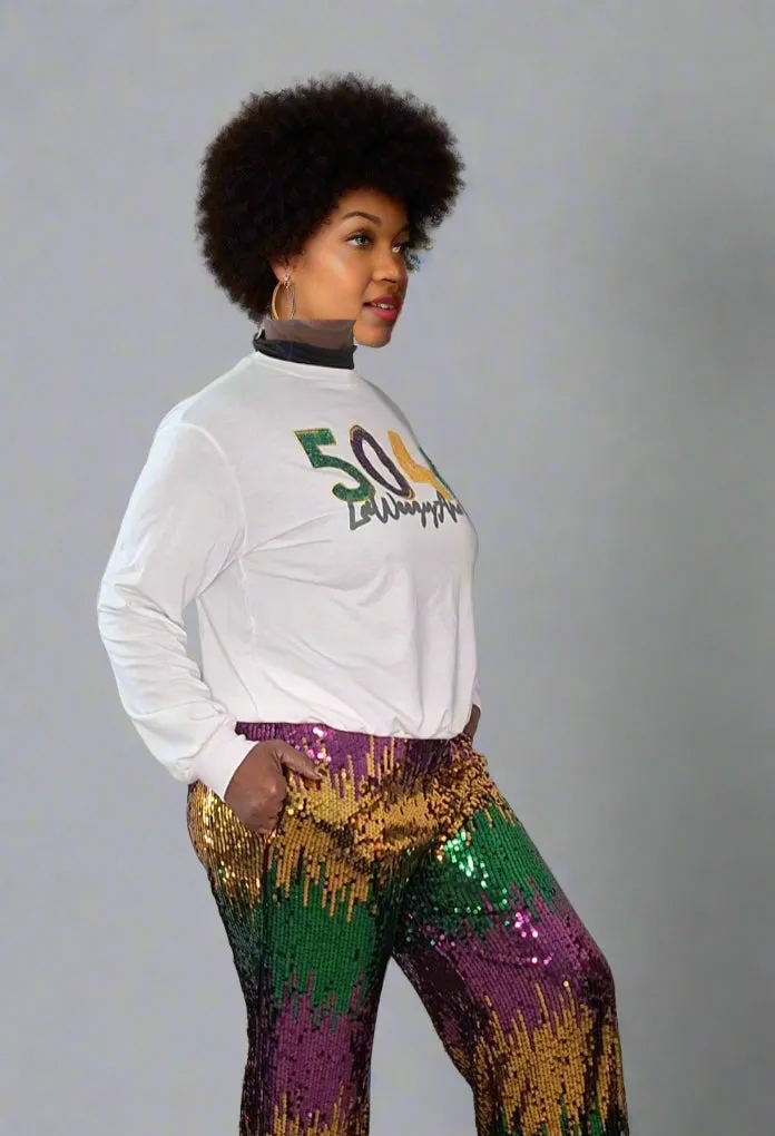MARDI GRAS Carnival Sparkle Mardi Gras Sequin Wide-Leg Pants