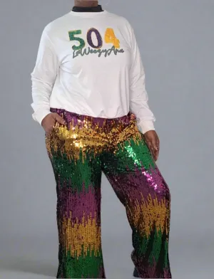 MARDI GRAS Carnival Sparkle Mardi Gras Sequin Wide-Leg Pants