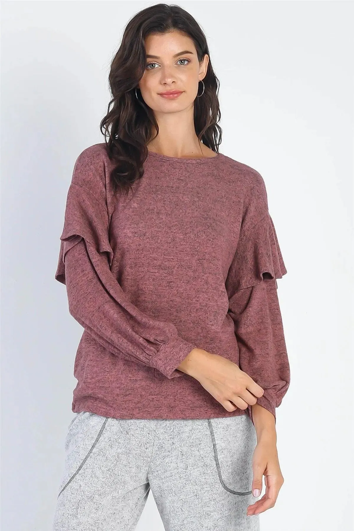 Mauve Ruffle Shoulder Detail Long Sleeve Top