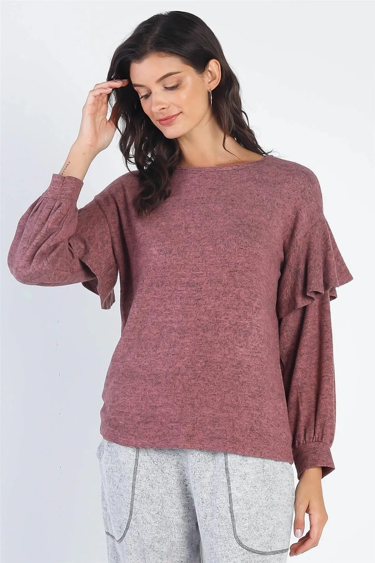 Mauve Ruffle Shoulder Detail Long Sleeve Top