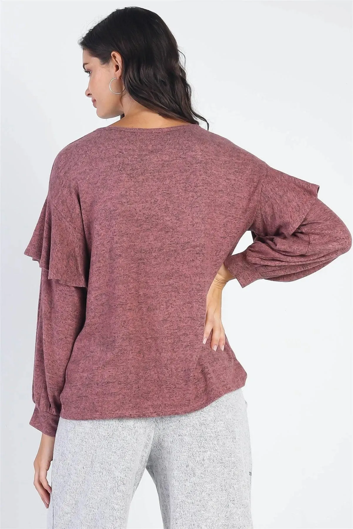 Mauve Ruffle Shoulder Detail Long Sleeve Top