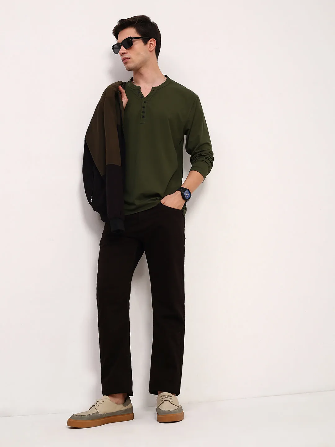 Men Green Solid Henley Neck T-Shirt