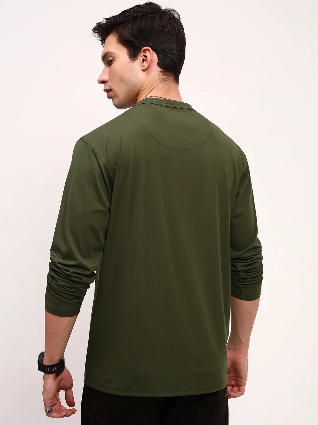 Men Green Solid Henley Neck T-Shirt