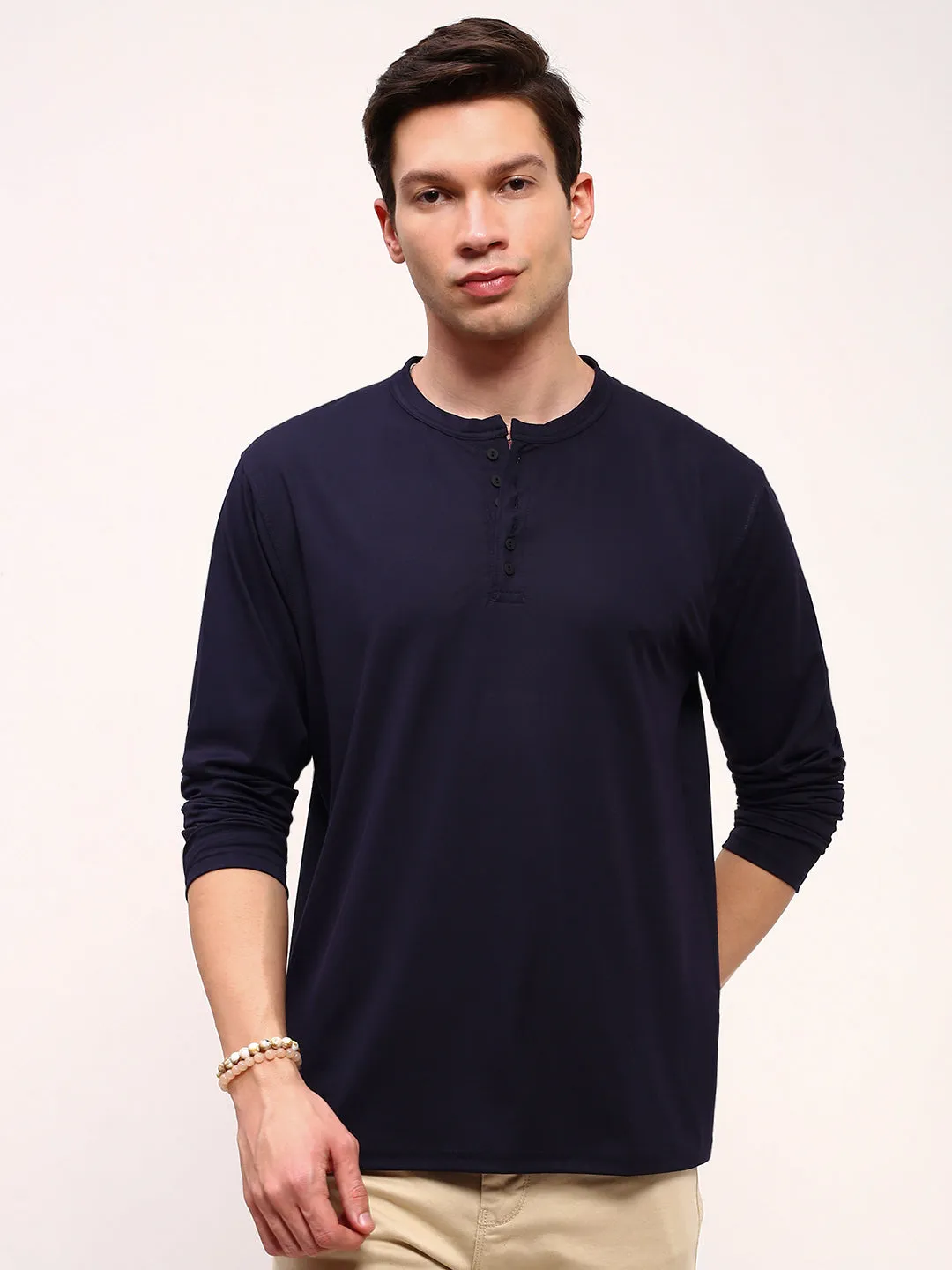 Men Navy Blue Solid Henley Neck Cotton T-Shirt