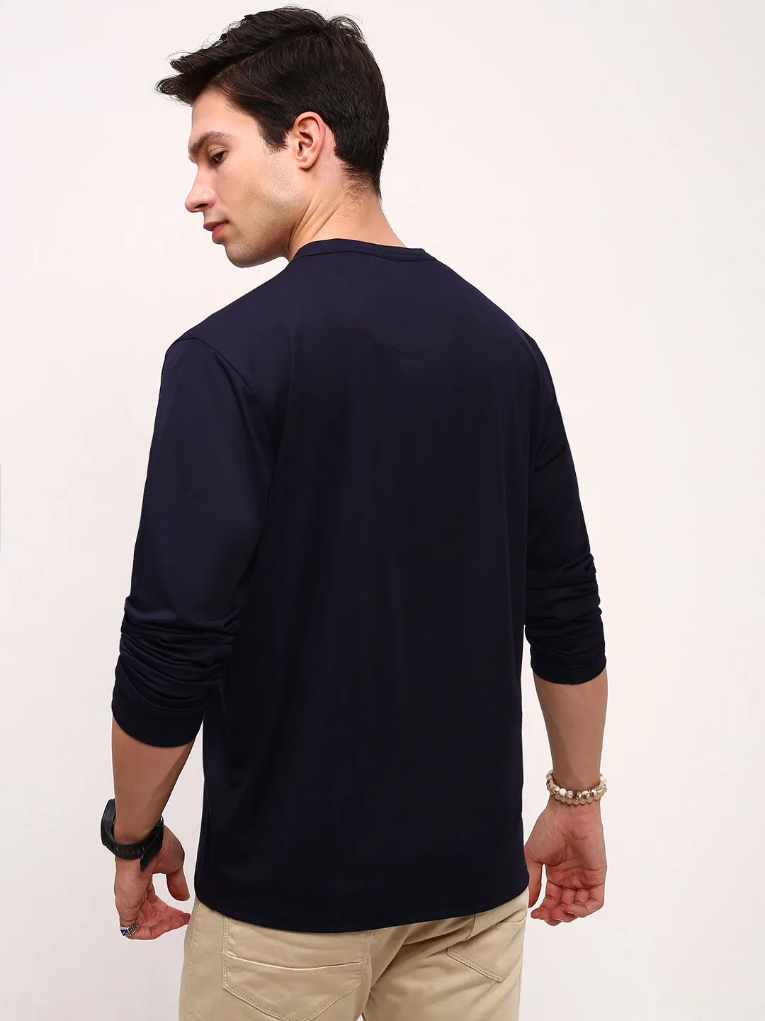 Men Navy Blue Solid Henley Neck Cotton T-Shirt