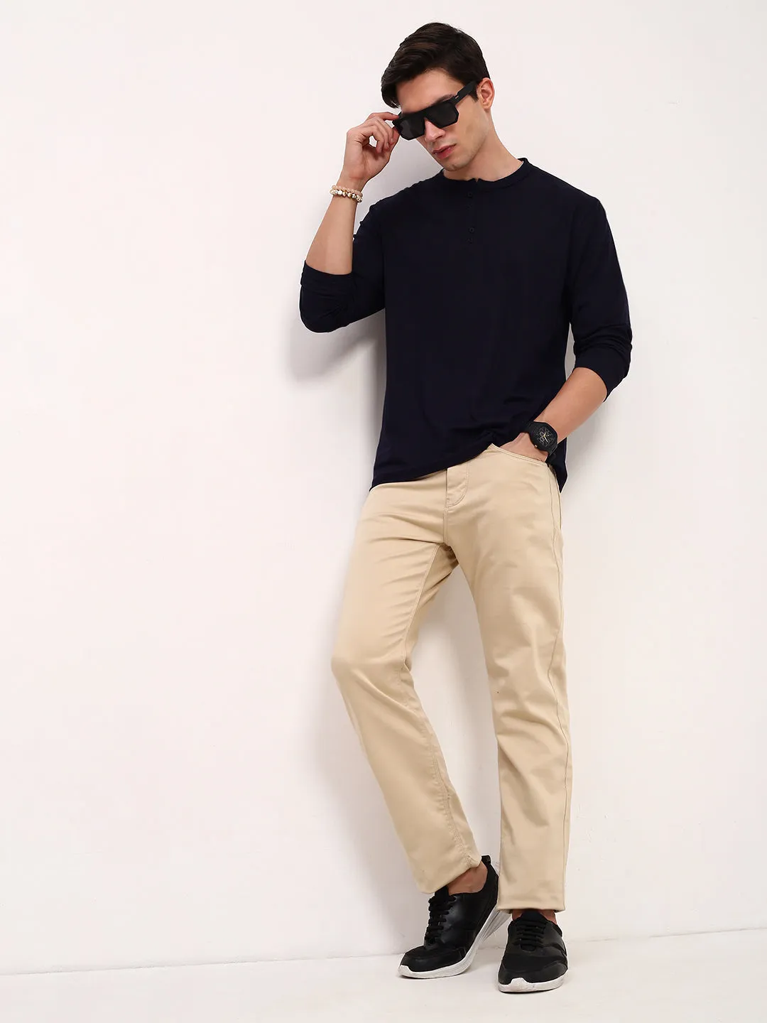 Men Navy Blue Solid Henley Neck Cotton T-Shirt