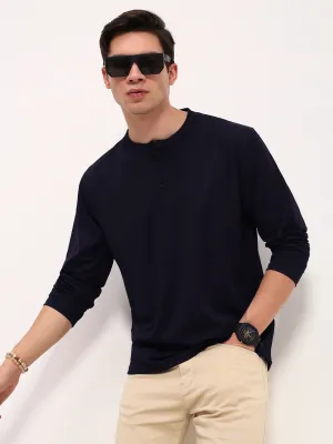 Men Navy Blue Solid Henley Neck Cotton T-Shirt