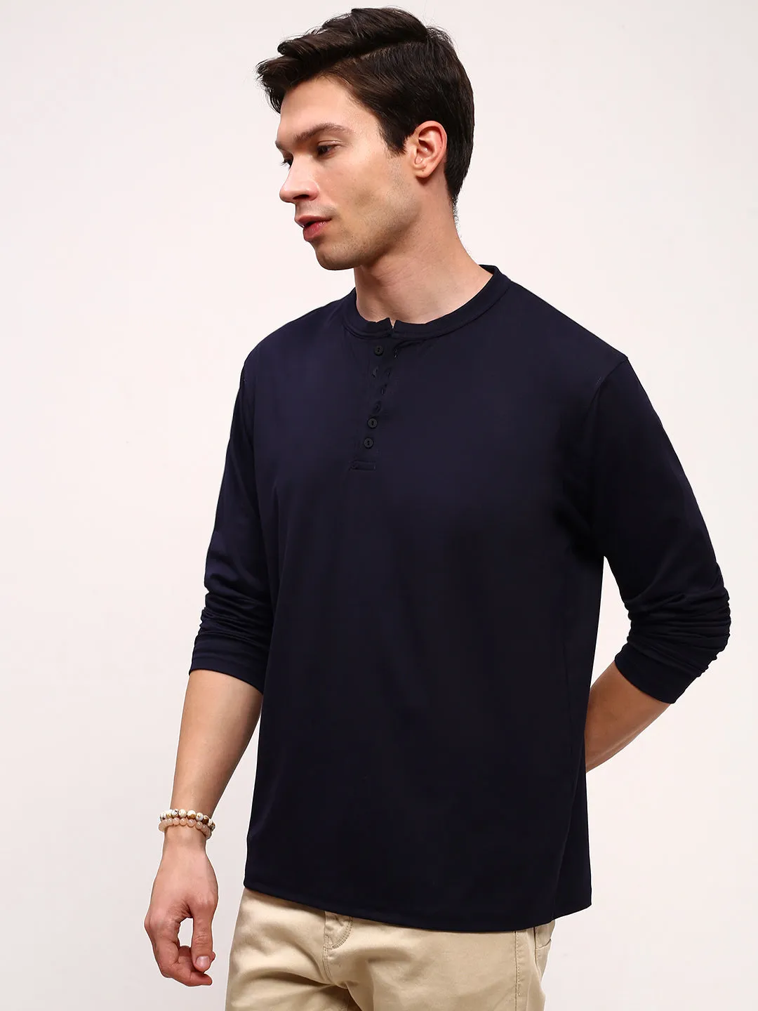 Men Navy Blue Solid Henley Neck Cotton T-Shirt