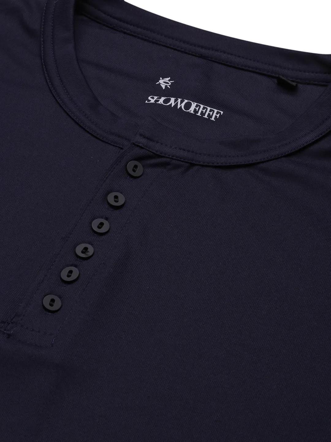 Men Navy Blue Solid Henley Neck Cotton T-Shirt