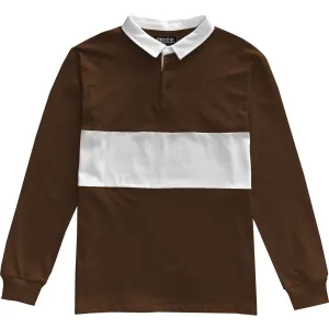 Mens Brown and White Striped Long Sleeve Polo Rugby Shirt