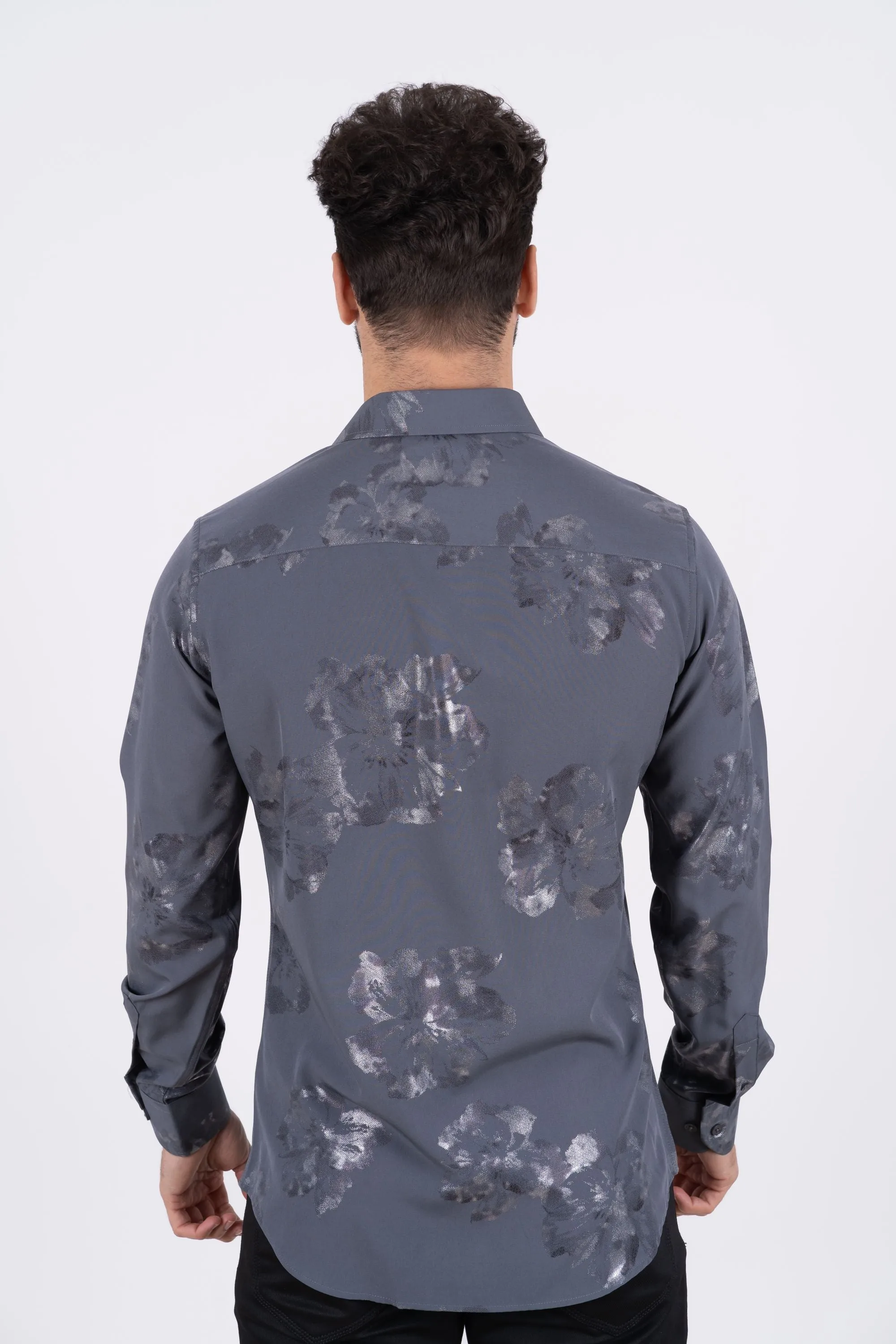 Mens Modern Fit Stretch Foiled Shirt - Gray