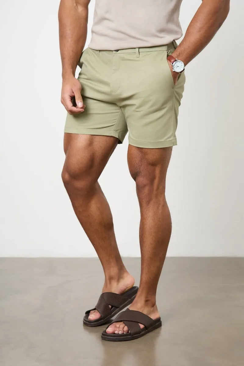 Muscle Fit Chino Shorts  - Shorter Length in Sage