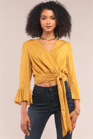 Mustard Star Print V-Neck Wrap Self-Tie Cropped Top /1-2-2-1
