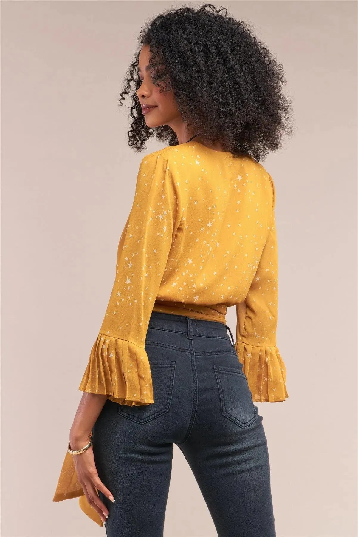 Mustard Star Print V-Neck Wrap Self-Tie Cropped Top /1-2-2-1