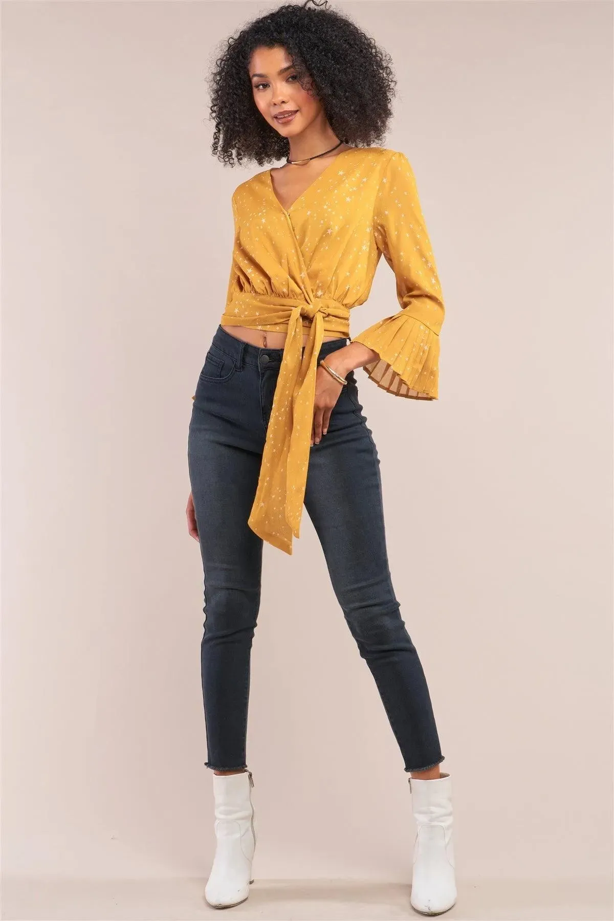 Mustard Star Print V-Neck Wrap Self-Tie Cropped Top /1-2-2-1