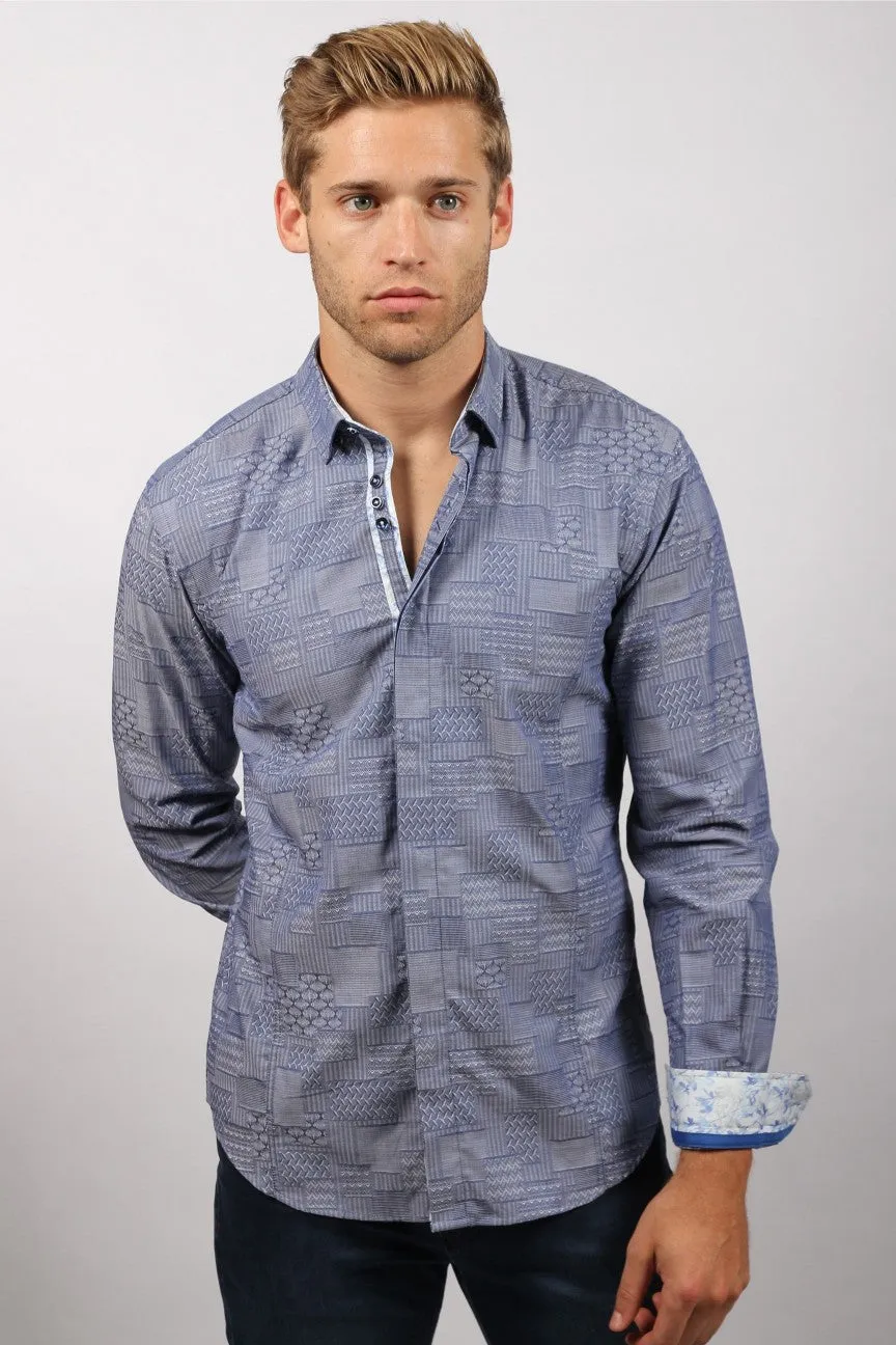 Navy Jacquard Button Down Shirt W/ Colorful Trim