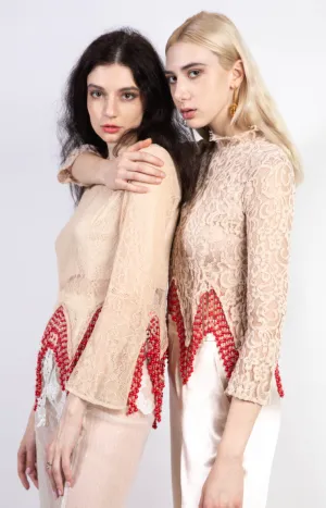 Nude Lace Top with Fringe Beads